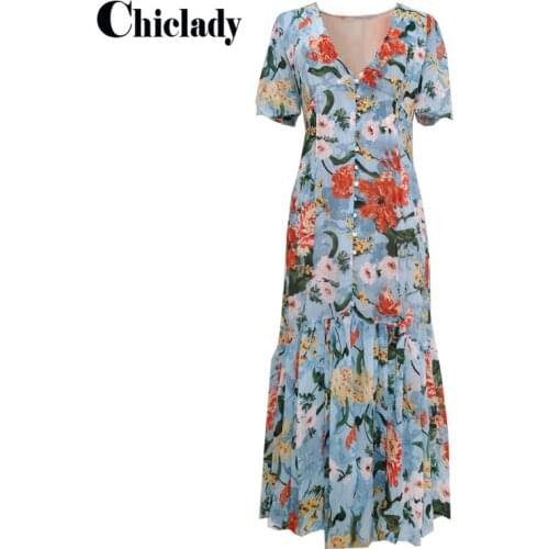 CHICLADY summer holiday beach midi dress women flower printed single breasted blue chiffon v-neck sexy short sleeve robe dresses