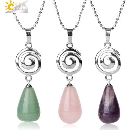 CSJA Water Drop Natural Gem Stone Necklace Pendant Spiral Amethyste Tiger Eye Rose Crystal Quartz Statement Necklace Chakra G713
