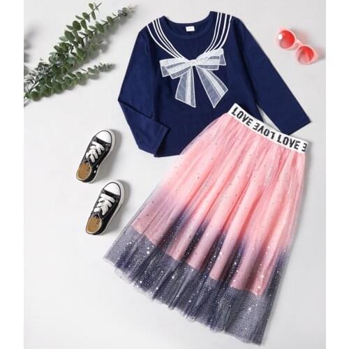 PatPat 2-piece Kid Girl Striped Bowknot Embroidery Sailor Collar Pattern Long-sleeve Top and Letter Print Star Glitter Tulle Ski