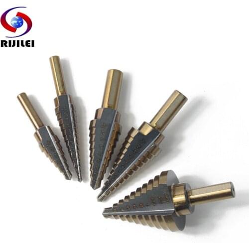 RIJILEI 5 PCS Inch Baked Yellow Hair Black Triangle Handle High Speed Steel Step Drills Bit Cut Tool Set Metal Hole Cutter L09