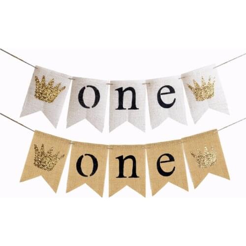 Babys 1st Birthday Party Crown ONE Linen Flag Decoration