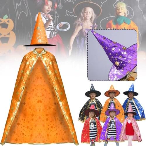 Halloween Costume Wizard Cape Witch Cloak with Hat Star Patterns Halloween Props Set for Kids Party Cosplay Suit