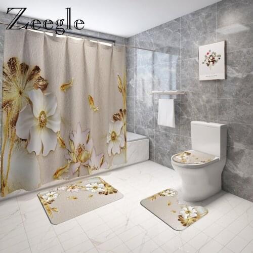 Traditional Style Floral Bath Mat and Shower Curtain Set Flannel Toilet Seat Cushion Bathroom Mat Set Absorbent Shower Foot Mat