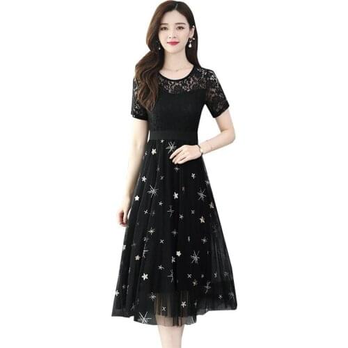 Lace dresses women black apricot starry M-4XL plus size 2020 summer new Korean fashion short sleeve party dresses feminina LR813