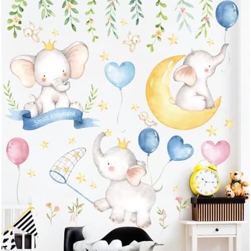 Cartoon Small Elephant Moon Stars Wall Stickers Bedroom Kids Baby room Background Wall Decor Removable Wall Decals Art Murals