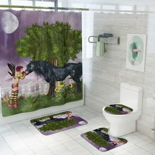 Bathroom Decor Waterproof Shower Curtain Set Toilet Seat Cover Non-Slip Bath Mat Rug Carpet Polyester Fabric Washable