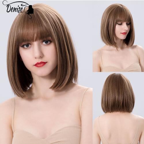 Brown Short Straight Daily Hair Synthetic Wigs For White Women With Bangs Nutural Heat Resistant Cosplay Female Fiber Bob Wig