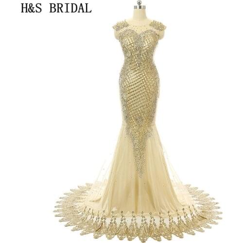 H&S BRIDAL Cap Sleeve Champagne mermaid prom dresses 2017 Sheer Front And Back Embroidered Sexy Crystal formal evening gowns