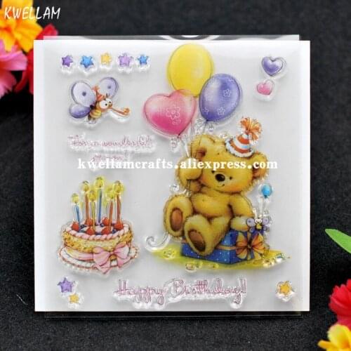 Happy Birthday Cake Balloon Little Bear Scrapbook DIY photo cards rubber stamp clear stamp transparent stamp 10x10cm KW7122215