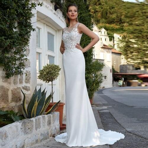 O Neck Wedding Dresses Appliqued Lace Sleeveless Wedding Gown Backless Chiffon Bridal Gowns Floor Length Vestido de Noiva 2021