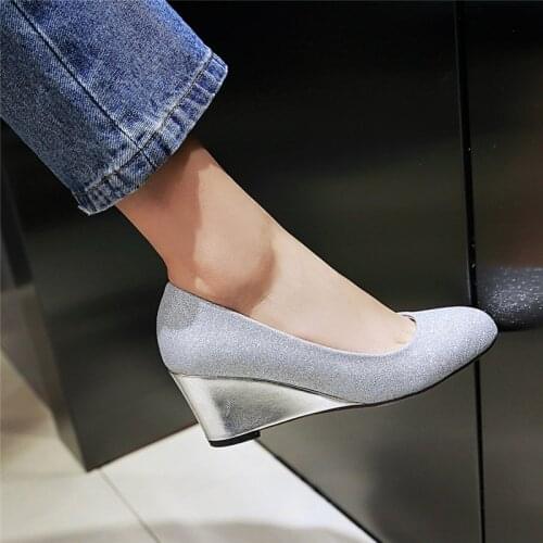 YQBTDL Summer Slip on Shallow Wedges Silver Gold Black Glitter Cheap Womens Shoes 2020 High Heel Pumps Party Wedding Shoe 34-43