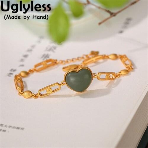 Uglyless 100% Real 925 Silver Big Chains Necklaces Bracelets Sets Women Nature Agate Jade Heart Pendants Necklace Jewelry Sets