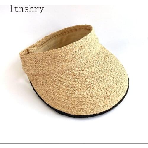 2021 Ladies Summer Handmade Woven Raffia Straw Sun Visor Hat Empty Top Wide Brim UV Protection Adjustable Foldable Beach Cap