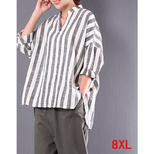 Large size womens shirt cotton and linen stripe plus size 5XL 6XL 7XL 8XL summer female V-neck long-sleeved loose white top