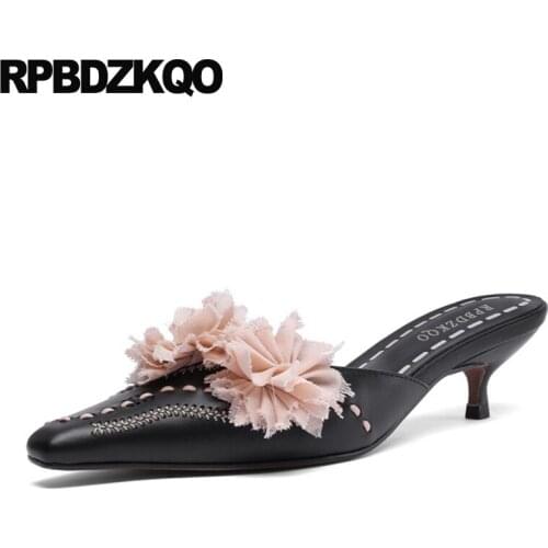 2019 black sweet mules slipper size 4 34 pumps kawaii sandals floral ladies mid heels shoes scarpin flower pointed toe kitten