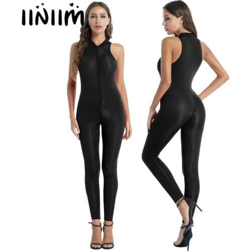 Women Sleeveless Leotard Bodysuit Solid Color Black Catsuit Leggings Zipper Crotch Jumpsuit Long Pants Erotic Sexy Underwear