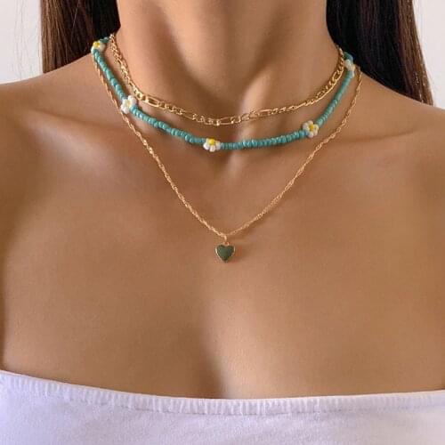 Vintage Green Seed Beads Flower Thick Chain Heart Pendant Necklace Women Multilayer Geometric Clavicle Necklace Collar Jewelry