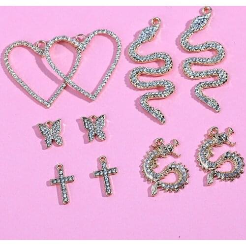 10Pcs Zinc Alloy Heart/Snake/Butterfly/Cross/Snake Charms Gold Metal Rhinestone Animals Charm For Making Jewelry DIY Necklace