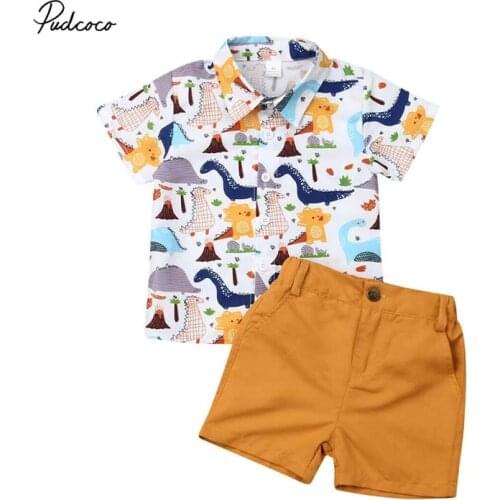 2019 Brand Lovely Kids Baby Boys Summer Cartoon Dinasour Print Tops Shirt Solid Pants Shorts Outfit New 2Pcs Party Clothes Set