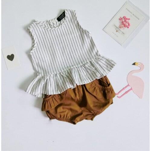 3-4TSummer Girls Set Vetement Garcon Cotton Linen Ruffles Striped Sleeveless Vest+Shorts Boutique Toddler Baby Girls Clothes Set