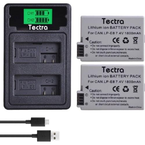 Tectra 3pc 1800mAh LP-E8 LP E8 LPE8 Battery+Type C port Charger for Canon EOS 550D 600D 650D 700D Kiss X4 X5 X6i X7i Rebel T2i