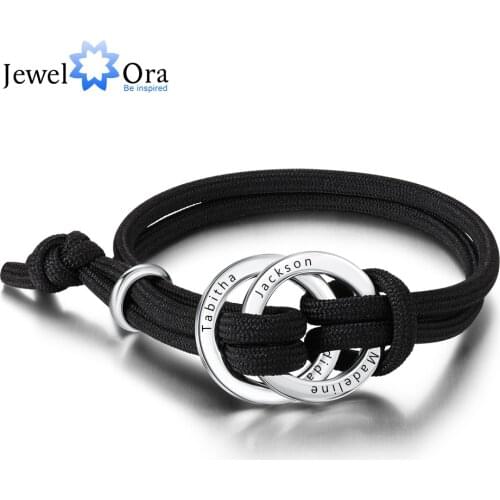 Personalized Circle Engraved 4 Names Bracelets for Men Custom Stainless Steel Adjustable Rope Bracelet Birthday Gifts for Male