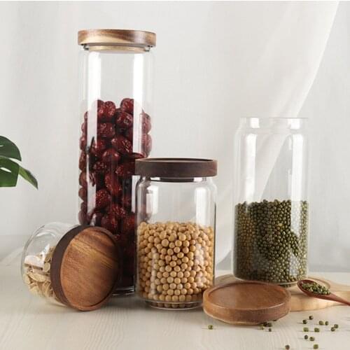 Wood Lid Glass Airtight Canister Kitchen Storage Bottles Jar Sealed Food Container Tea Coffee Beans Grains Candy Jars Containers