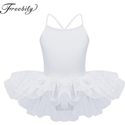 Kids Girls Ballet Stage Dance Costume Spaghetti Shoulder Straps Layered Lace Ballet Dance Gymnastics Leotard Mesh Tutu Dress