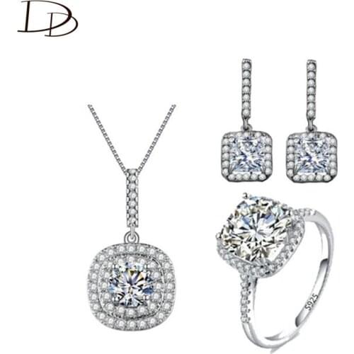 925 Sterling sliver Square fashion bridal wedding sets pendant necklace earrings jewelry set AAA rhineshine Bijoux femme JS005