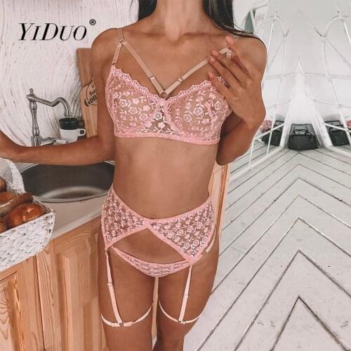 YiDuo Floral Embroidery Pink Lingerie Sets Women See Through Underwear Push Up Bra And Panty Erotic Lingerie Set 3 Piece Costume