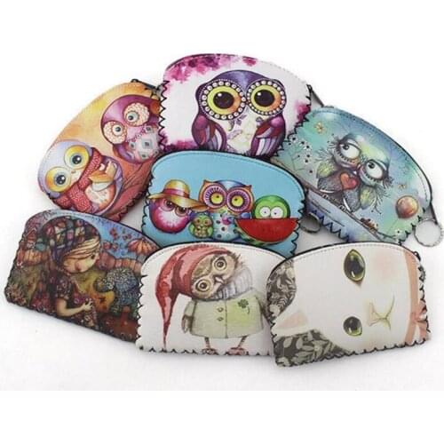 M115 Women Coin Purses Owl Series Quality PU Leather Hand Sewn Edges Card Bag Zero Wallet Key Buckle Zipper Purses