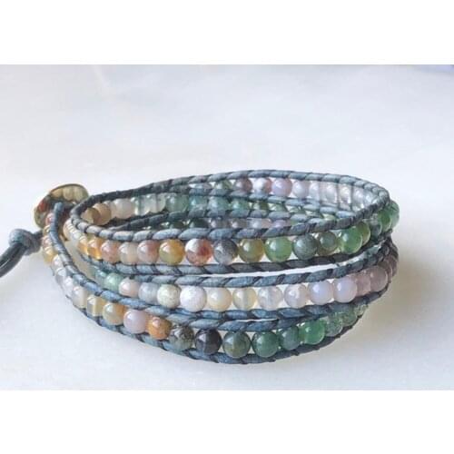 Natural Green Stone Leather Wrap Bracelet Jewelry Gift Adjustable 3Strands Beaded Boho Bracelet for Women Boyfriend India Style