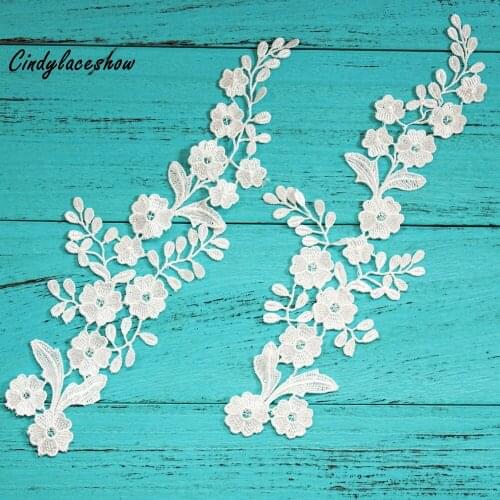 1 Pair 32*10cm Ivory Flower Leaves Lace Applique Embroidered Lace Fabric Sewing For Wedding Dress Appliques Lace Trims Ribbons