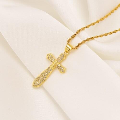 Iced Cross Pendant with Chain Choker Necklace Hip Hop 24k Solid Fine 18ct THAI BAHT G/F Gold CZ Full Crystal Gem Jewelry