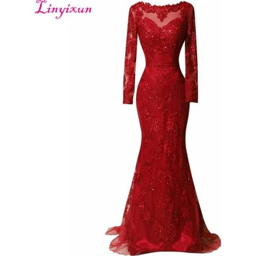 Linyixun Real Photo Vestido de festa Long Sleeve Scoop Neck Evening Dresses 2020 Sweep Train Red Lace Appliques Prom Dresses