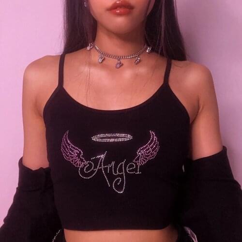 2000s Fashion Angel Graphic Diamond Black Cami Tops E-girl Aesthetics Backless Gothic Crop Top Summer Y2K Slip Tops New