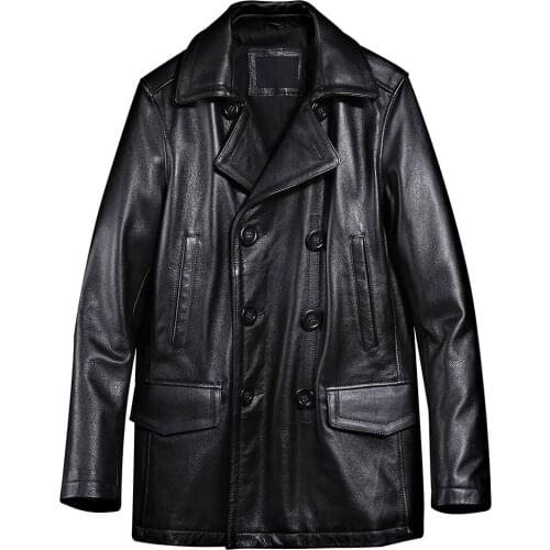 Winter Warm Trench Coat Genuine Leather Windbreaker Double Breasted Suit Blazer Jacket and Coat Men Real Leather Coat Plus 5XL