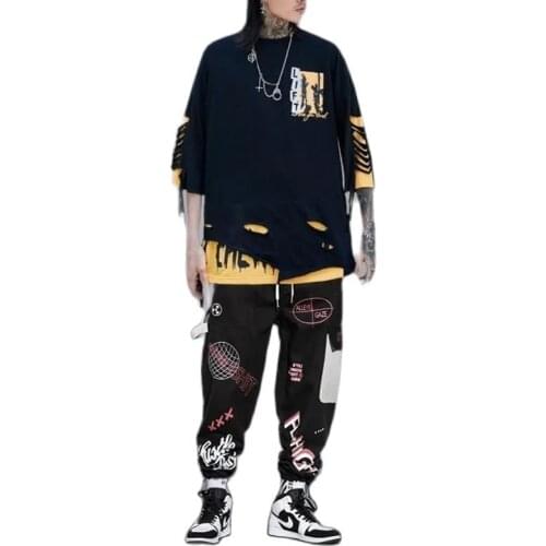 Fashion Tracksuit Men Korean Version 2022 New Loose Short-Sleeved T-Shirt + Hip-Hop Overalls Casual Set With Two-Piece Suit