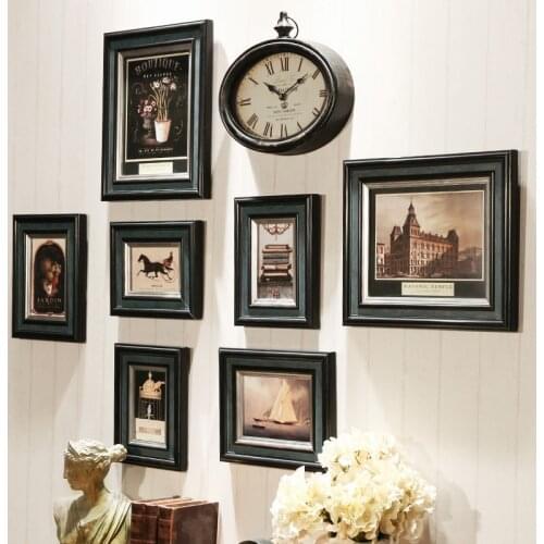 Dark Color Wall Hanging Photo Frame Set with Clock Classic Luxury Picture Frame Combination 8pcs Sofa Bed Wall Picture Frames B