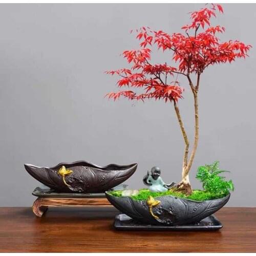 Desktop flower pot landscaping micro landscape bonsai pot creative ceramic painting gold black pottery pot bamboo planting pot
