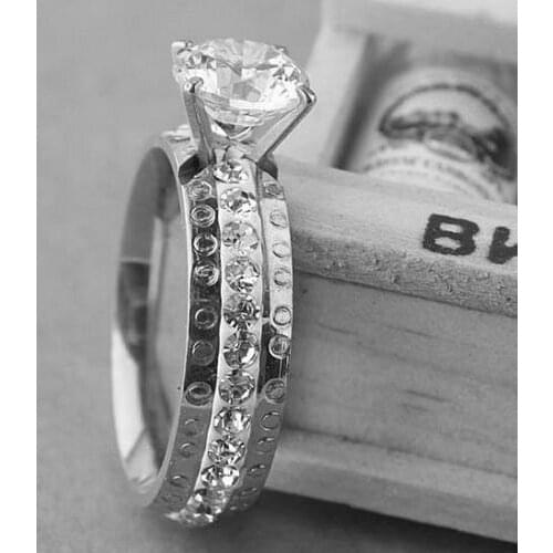 Wholesale Bulk 12Pcs CZ Inlay Stone Stainless Steel Ring Men Women Wedding Valentine Xmas Gift 17-21MM Charms Jewelry