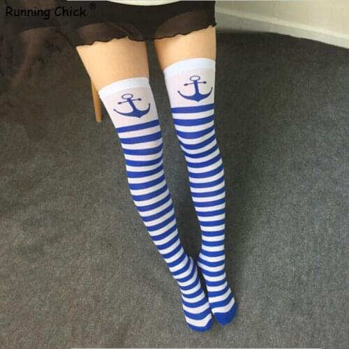 Autumn anchor horizontal stripe printed knee stockings