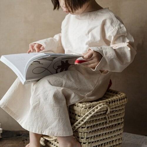 Autumn Korean childrens wear new girl baby buckle plain Mori casual long-sleeved parent-child dress