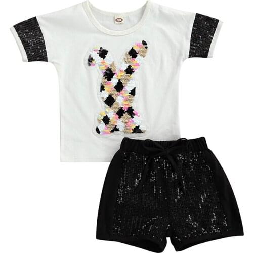 2-7T Kids Baby Girls Clothes Set with Sequins Short Sleeve O-neck T-shirt Elastic Waist Shorts Trousers Cute Children Clothing