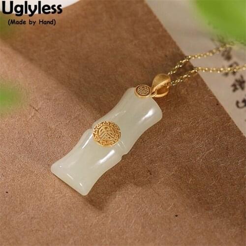 Uglyless Natural Hotan Jade Bamboo Necklaces for Women Chinese FU= Lucky Gifts Ethnic Dress Jewelry 925 Silver Pendants NO Chain