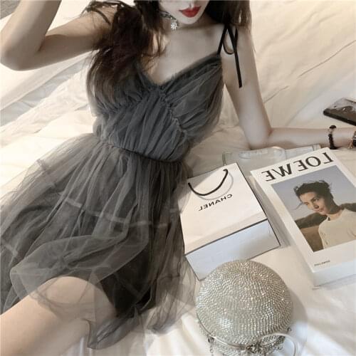 Dark Style Sexy Spaghrtti Straps Tulle Dress Summer New V Neck High Waist A Line Mesh Dress Fashion Grey Fairy Club Dresses