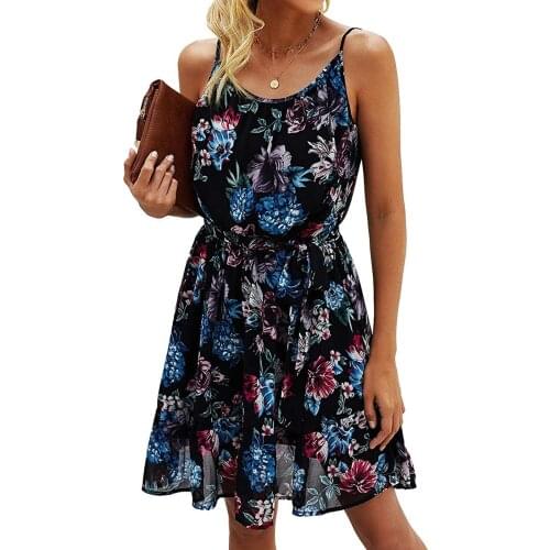 Bohemian Fashion Womens Strap Dress Summer Flower Print Sleeveless Dress Camisole Long Tank Dress Sundress Beach Style Robe