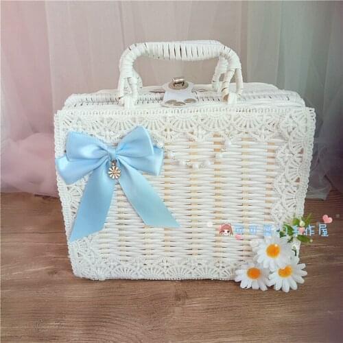 Lolita portable rattan box woven basket tea party wild handbag Lolita girl take a skirt blue
