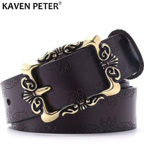 Fashion Wide Genuine Leather Belt For Women Vintage Floral Real Leather Lady Belts Top Quality Strap Female For Jeans 35MM
