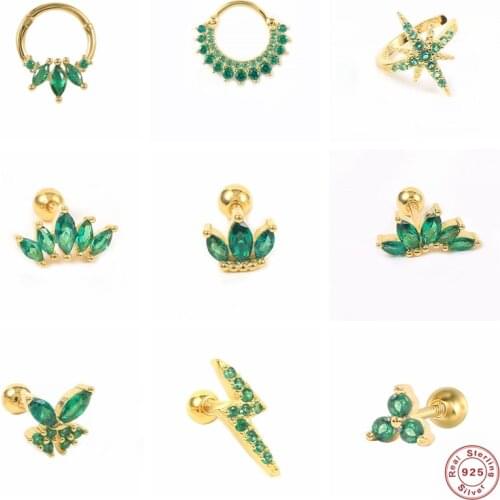 925 Sterling Silver Aretes Green Zircon Earrings Butterfly Cartilage Stud Earring For Women Piercing Ear Bone Buckle Jewerly